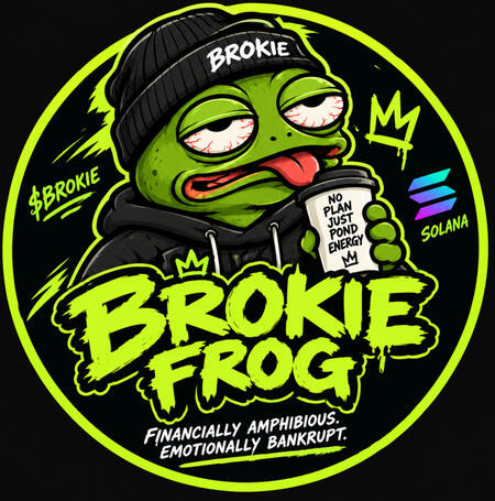 A tired, rebellious green frog wearing a black hoodie and beanie, with neon green BROKIE lettering on a dark graffiti-style background. A chaotic meme coin mascot representing humor, internet culture, and community.